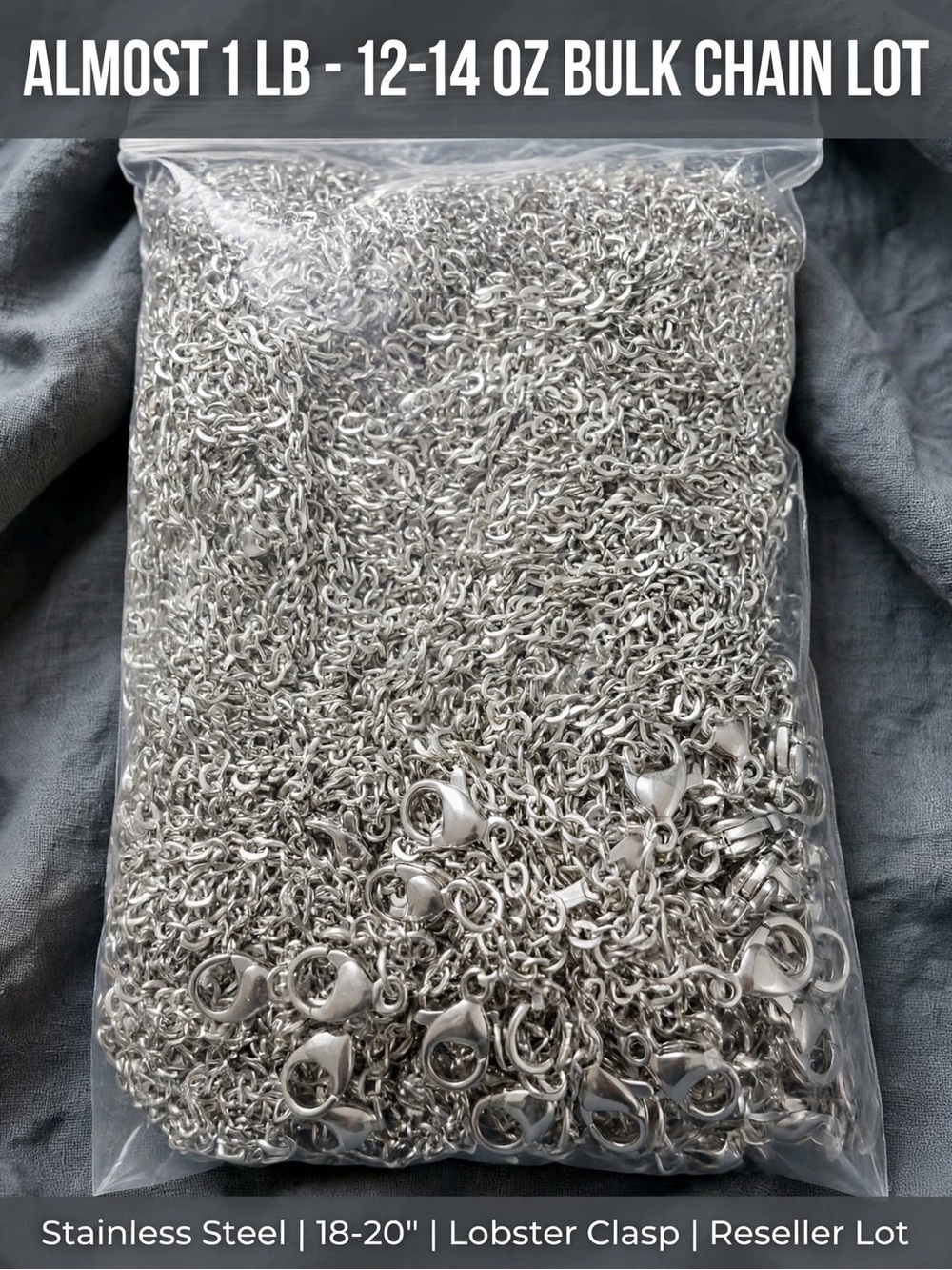 13oz Bulk Silver Chain Necklace Lot Stainless Steel 18-20” Lobster Clasp Resale